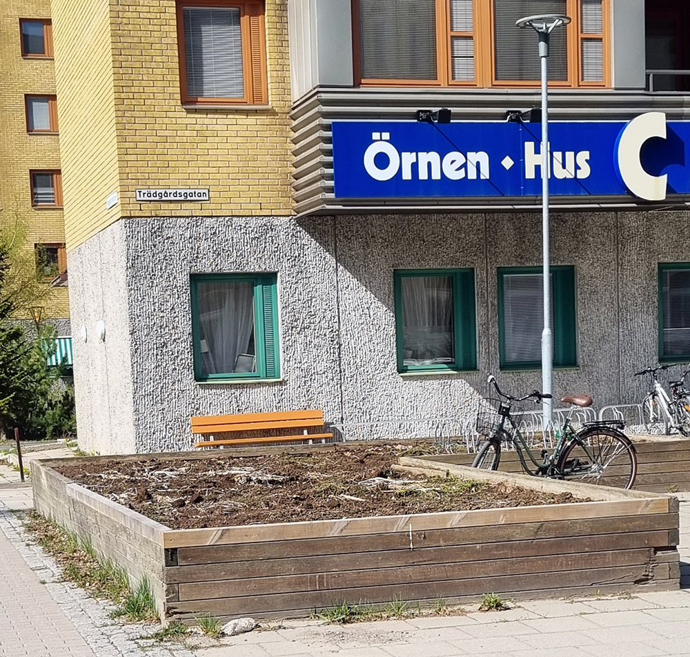 Planteringslådor utanför Örnen som i år får perenna buskar istället för sommarblommor