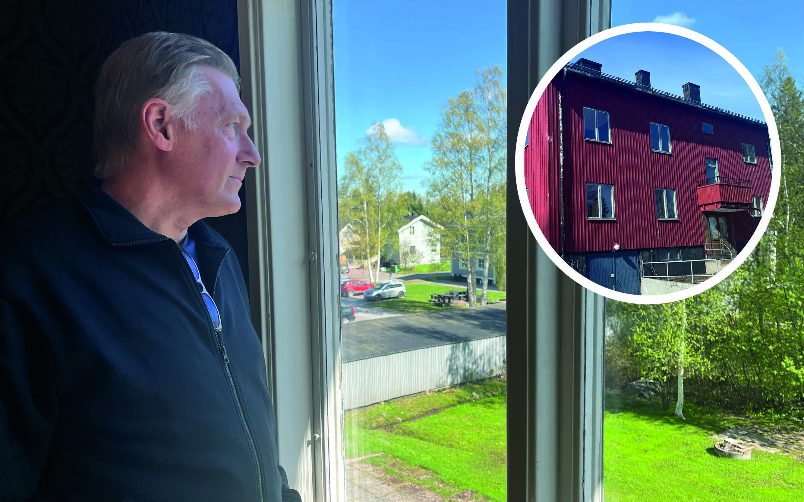 Kent Lampa tittar ut från sitt barndomshem drygt 50 år senare. På bilden finns också en cirkel med en bild på byggnaden utifrån.