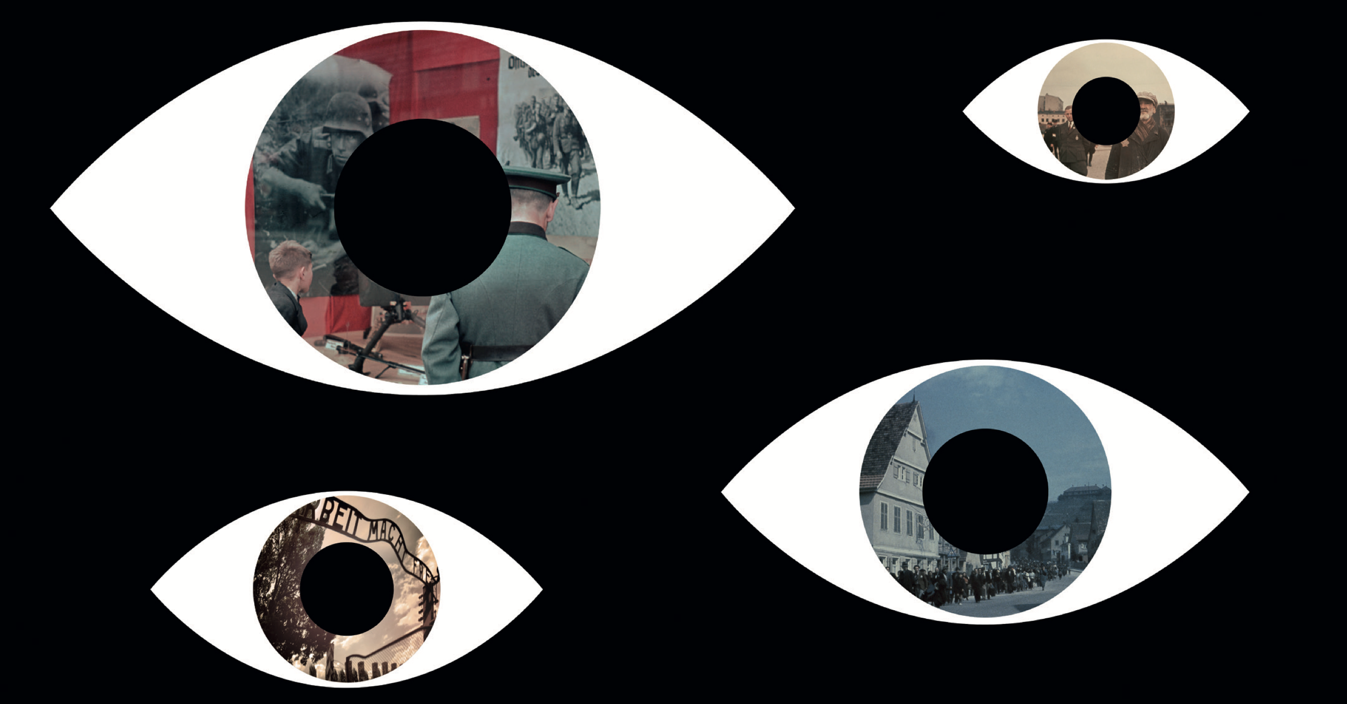 Ögon på svart bakgrund, i ögonens iris syns gamla bilder från andra världskriget.
