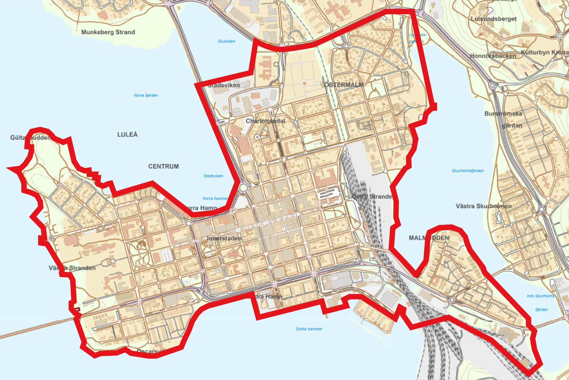 Karta som visar vilket område i centrala Luleå som ska kulturmiljöinventeras under 2026 - 2027.