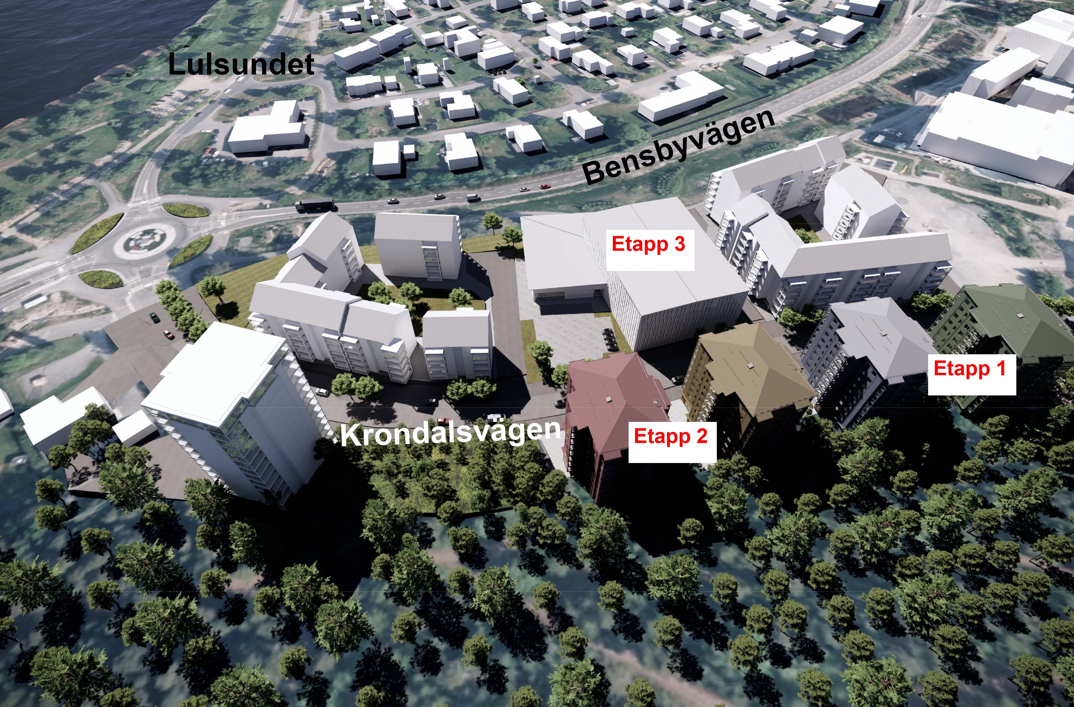 Lulebos förslag på bebyggelse vid Västra entrén i Kronandalen.