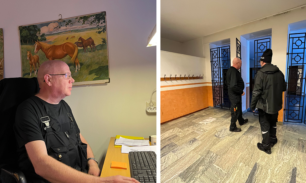 Tomas Pohjanen sittandes vid sitt skrivbord och en annan bild när han träffar miljöinspektör. 
