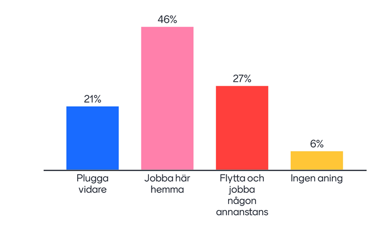 Resultat mentimeter Vad ska du göra direkt efter gymnasiet? 46 procent svarar "Jobba här hemma"