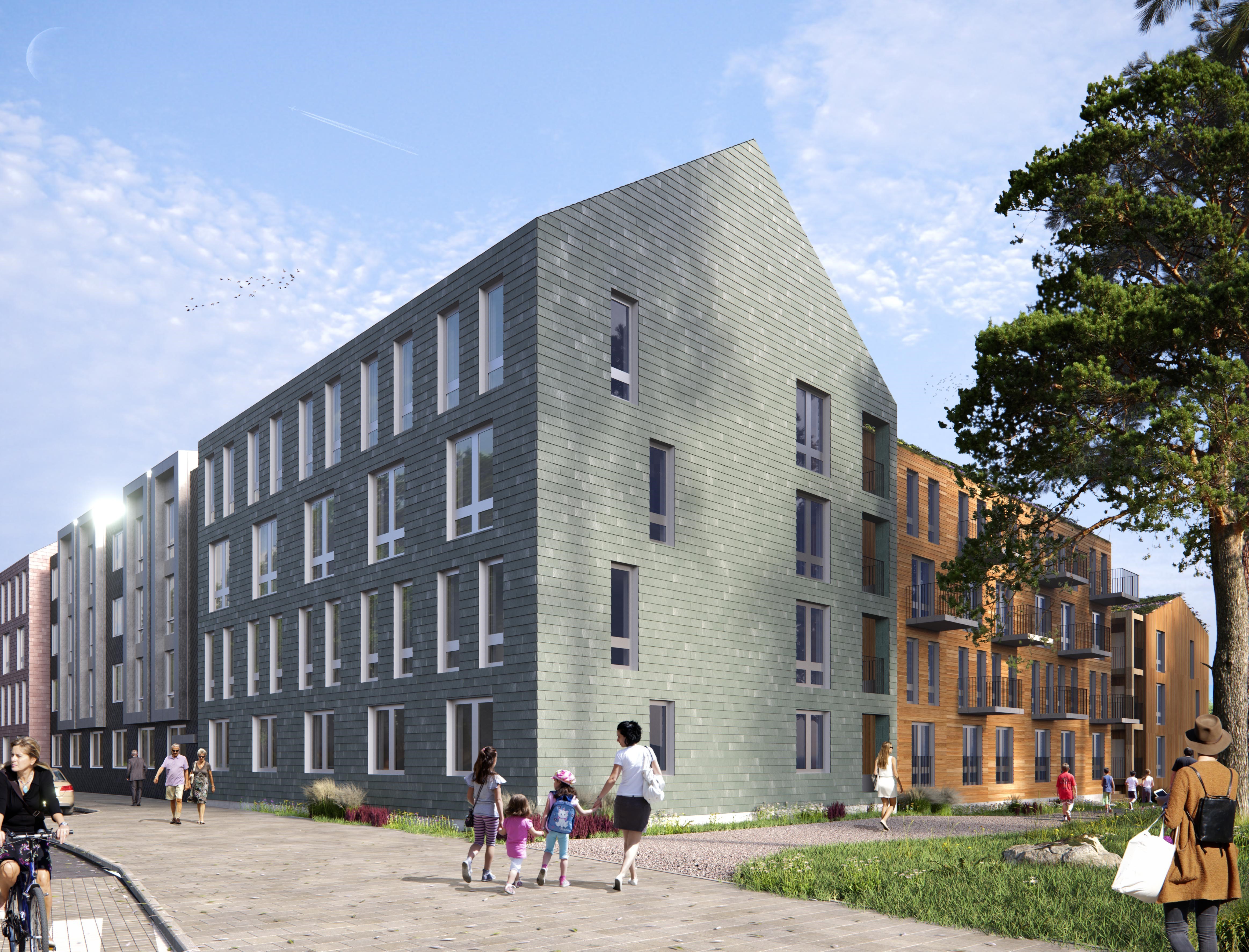 Arkitektskiss från Bolite Bostäder på ett av kvarteren i etapp 2.
