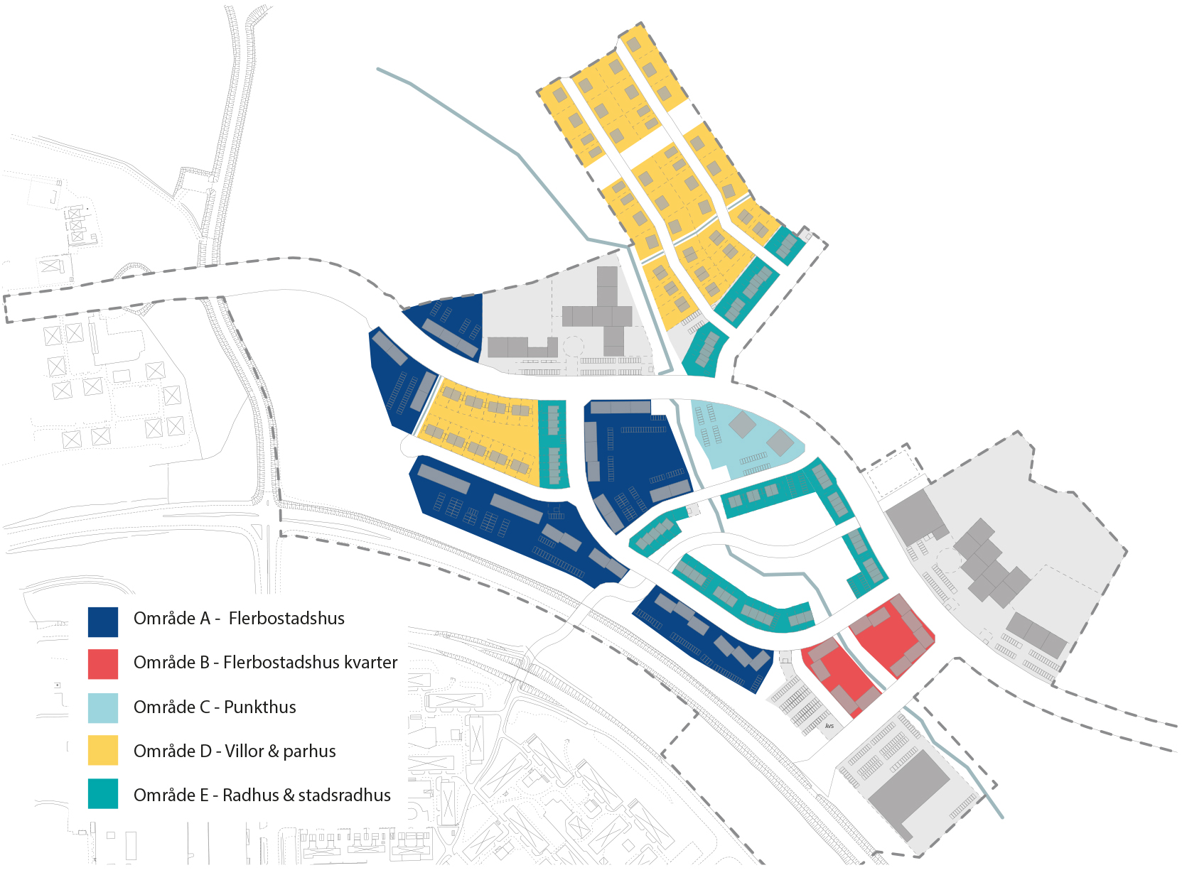 Illustration visar föreslagna delområden med olika bostadstyper.