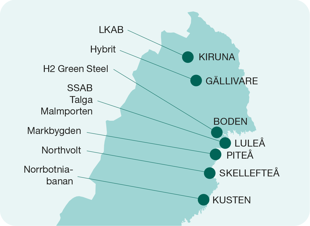 Karta över norra Sverige med orter för industrietableringar markerade