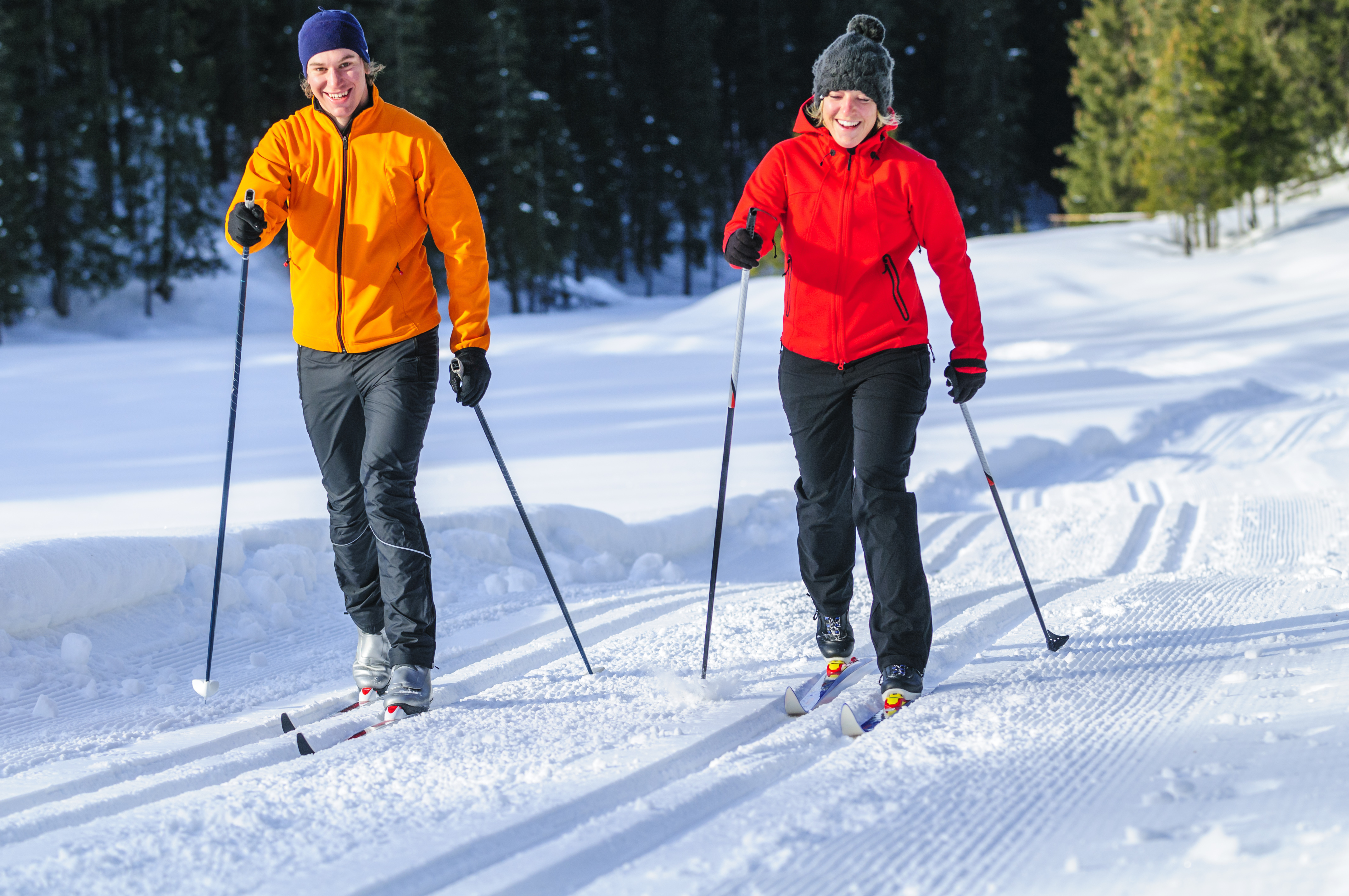 Två personer som åker längdskidor i ett vinterlandskap
