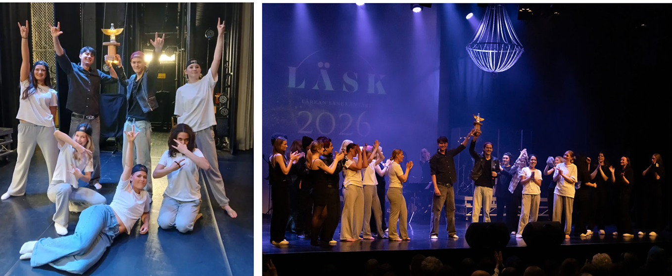 Bild 1. Personerna som skrivit och framfört bidraget. Bild 2. Prisutdelning på scenen.