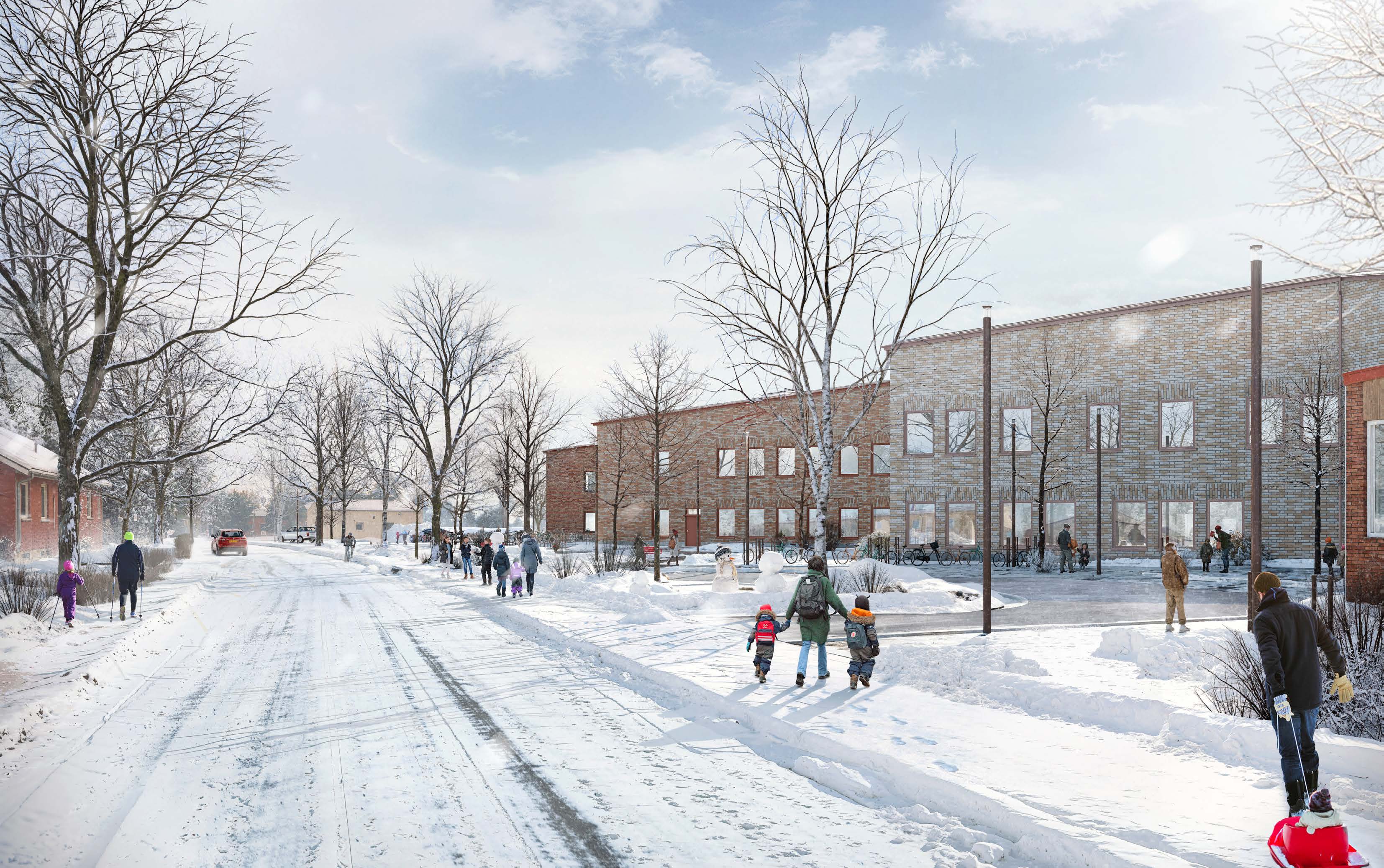 Visionsbild av den nya skolbyggnaden sedd från Övägen i Gammelstad.