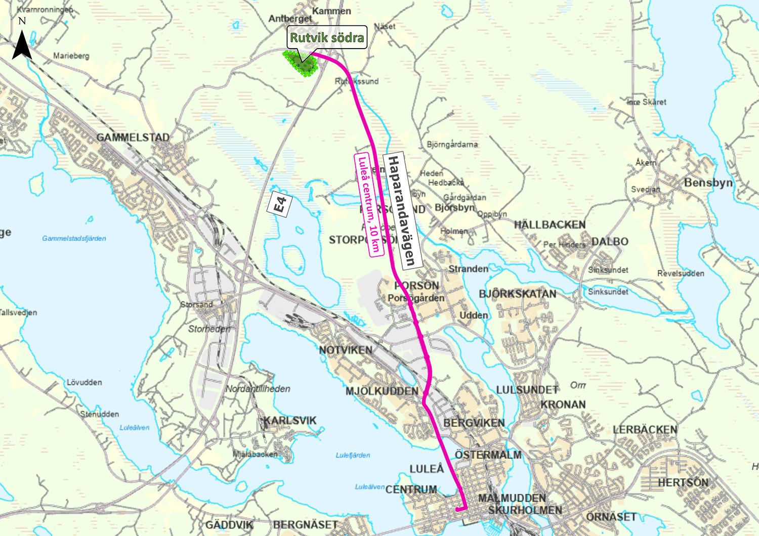Översiktskarta som visar var Rutvik Södra ligger i förhållande till centrala Luleå.