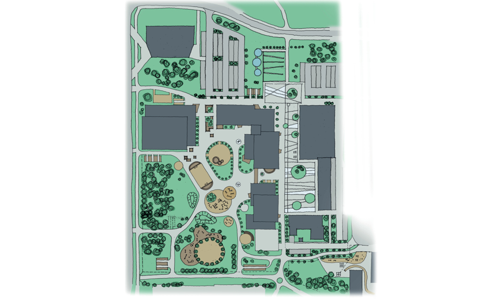 Överblick och skiss för nya Hertsöskolan och utemiljön. 