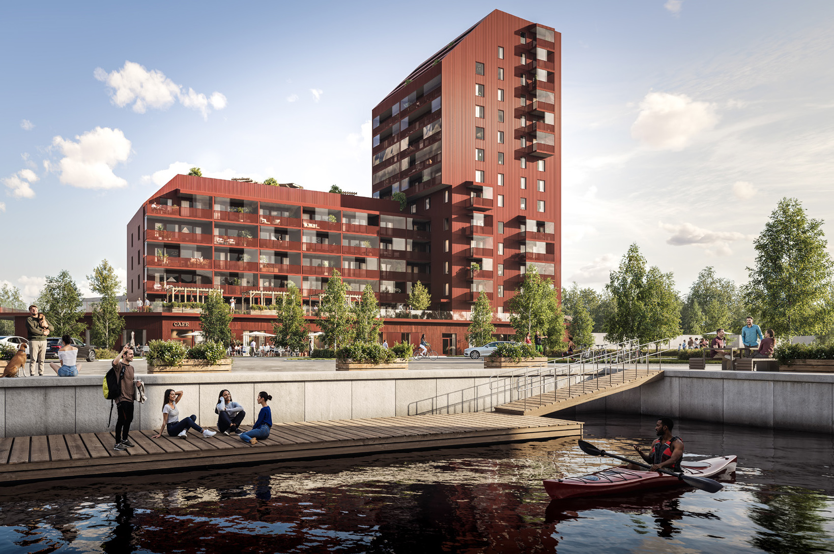 Illustration med sommarvy över bebyggelse som planförslaget möjliggör, där parken möter byggnadens markplan.