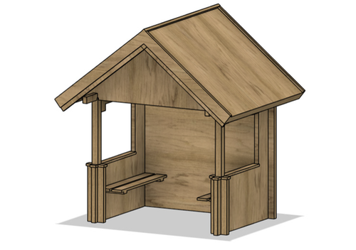 Förslag 2: Busskuren är gjord helt i trämatrial och har ett brutet tak och känslan är att den är kvadratisk. Sittbänkar på insidan i varje ände med fönsteröppningar ovanför.