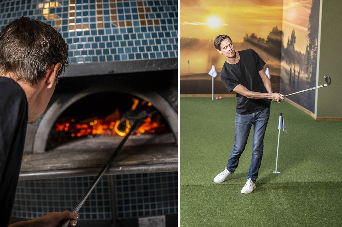 Till vänster; Simon Rosen framför den stora pizzaugnen, till höger: Simon Rosén slår ett golfslag i golfhallen.