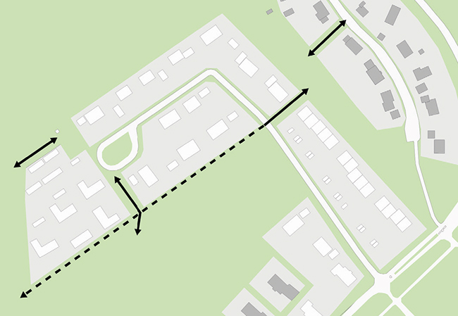 Plan för gröna stråk (grönt), vägar (i vitt) och gångvägar (i svart) i området.