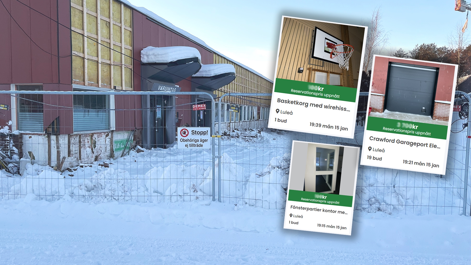 Bild på gamla Hertsöskolan under rivning och skärmdumpar från auktion. 