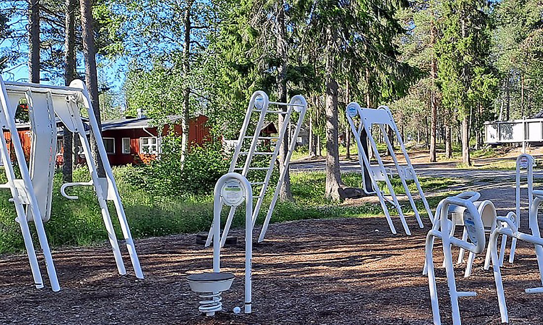 Bild på ett utegym i en skogsglänta. Redskapen är i vitmålade stålställningar.