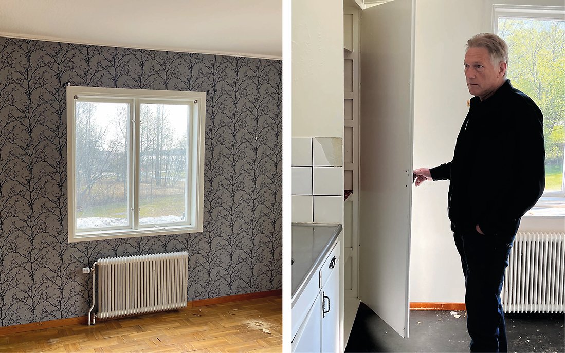 Bild på ett vardagsrum och Kent Lampa i sitt tidigare kök.