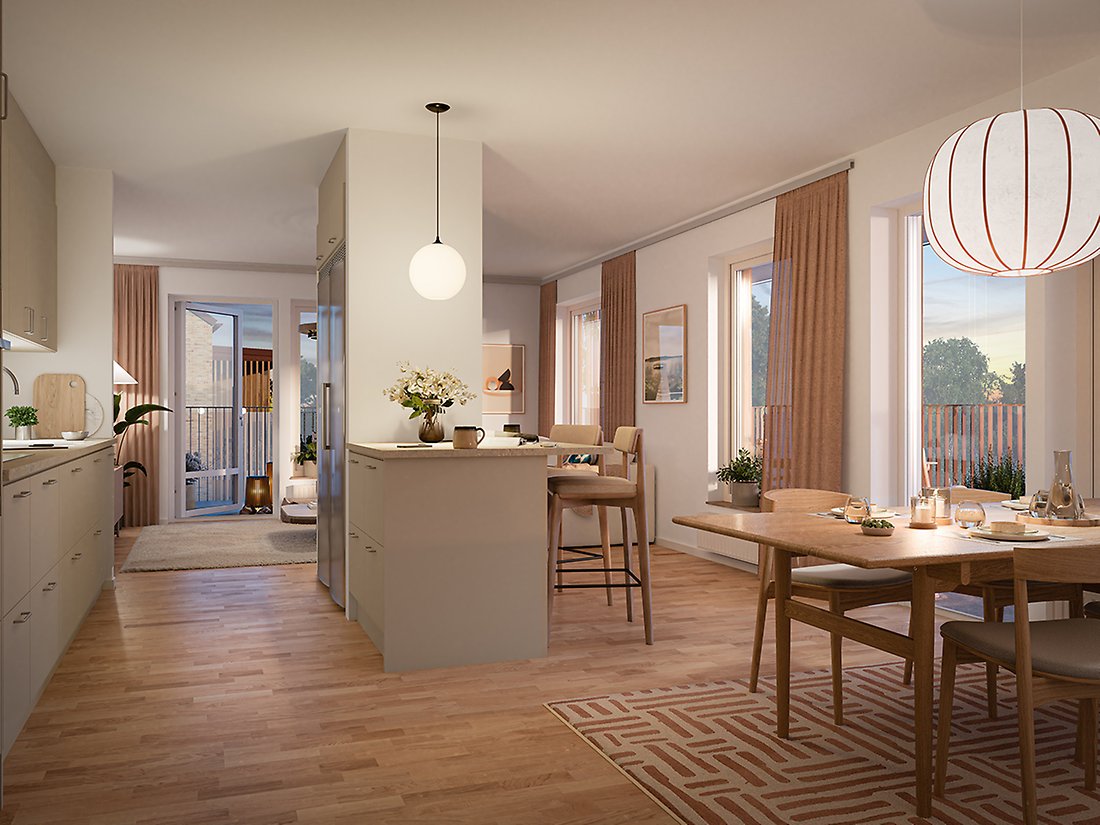 Interiör visualisering av lägenhet i bostadsrättsföreningen Årstiden på Björkskatan.