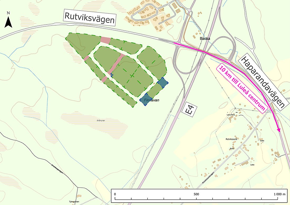 Karta över Rutvik Södra och dess placering i anslutning till E4:an.