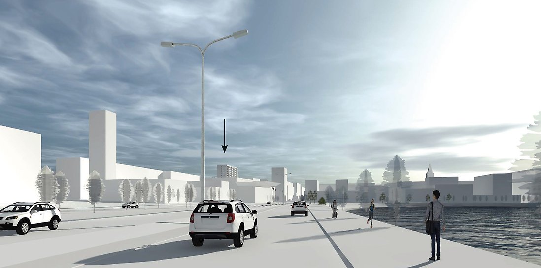 Planförslaget möjliggör bebyggelse upp till ett 45 meter högt hus som kommer att vara synligt från norra infarten, från Bodenvägen.