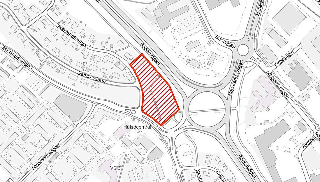 Karta över området där det ska byggas hotell, kontor och bostäder intill Mjölkuddsrondellen.