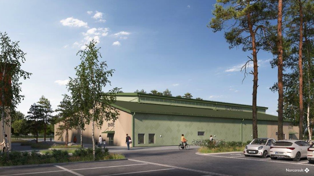 Visionsbild på Hertsöns framtida sporthall. Illustration: Norconsult.