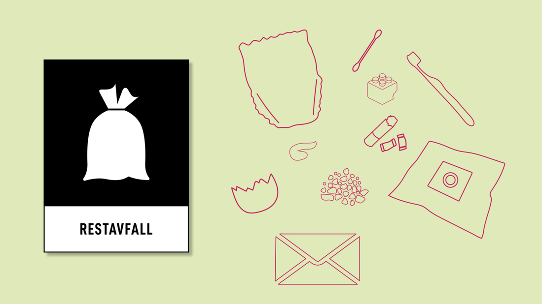 Symbolen för restavfall - en ihopknuten soppåse mot en svart bakgrund och texten Restavfall