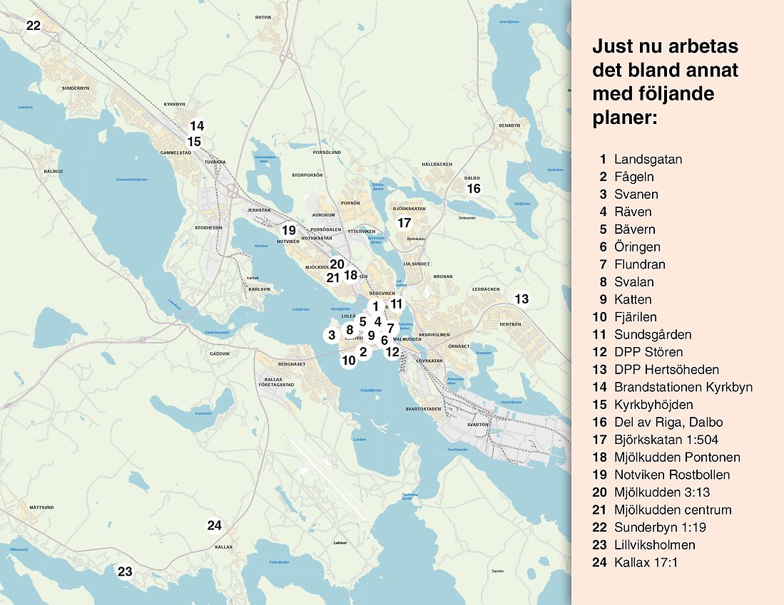 Karta som har utmärkt platser som man idag arbetar med olika planer för bostadsbyggande. Bland annat i centrum, på Mjölkudden och Hertsön.
